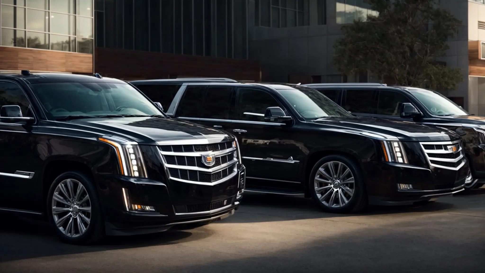 a line of polished luxury cars including a shiny cadillac escalade and sleek sedans, parked side by side, ready to provide exclusive journeys.