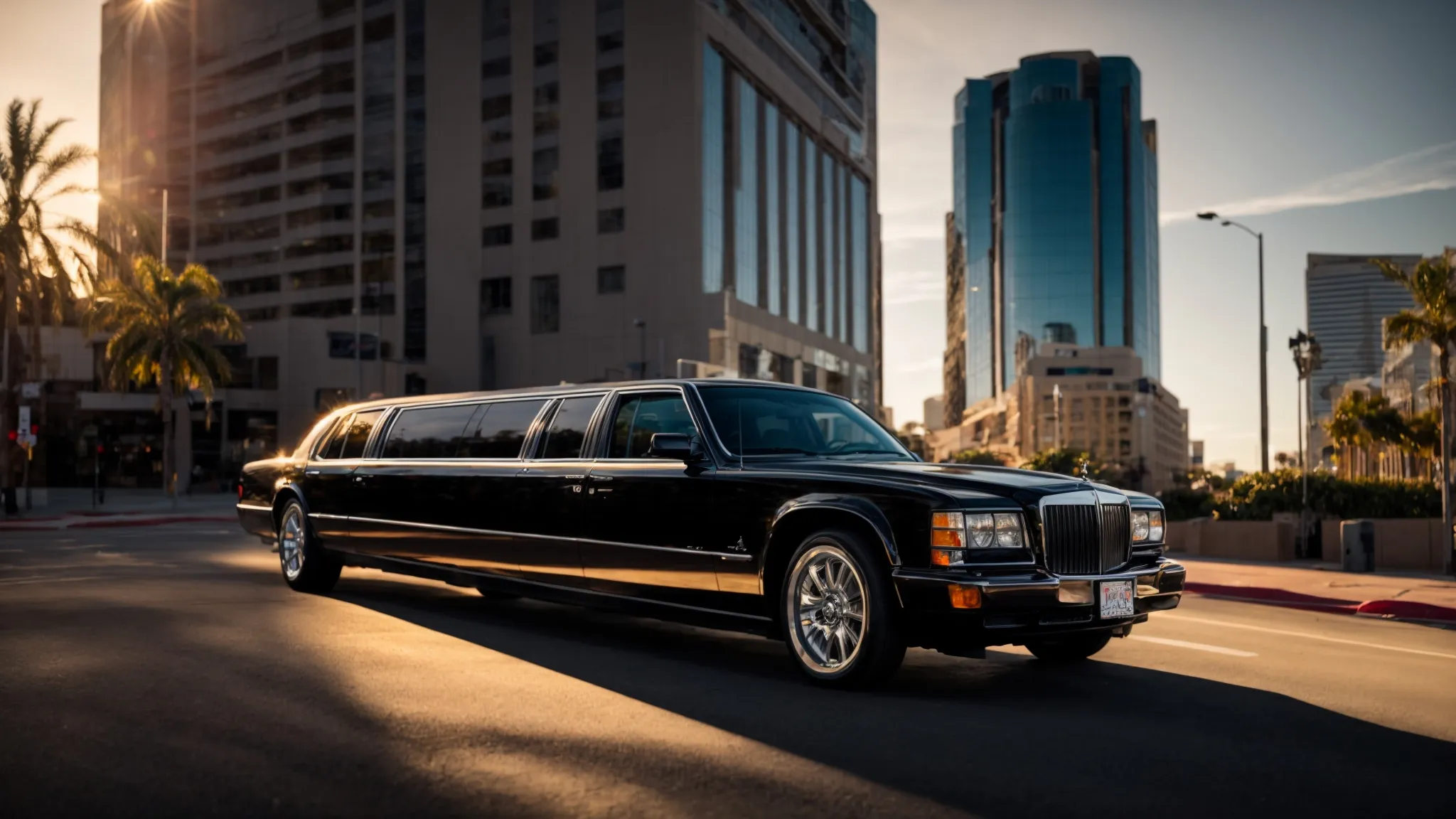 a sleek black limousine glides through the vibrant streets of san diego, with the cityscape gleaming under the warm sunset.